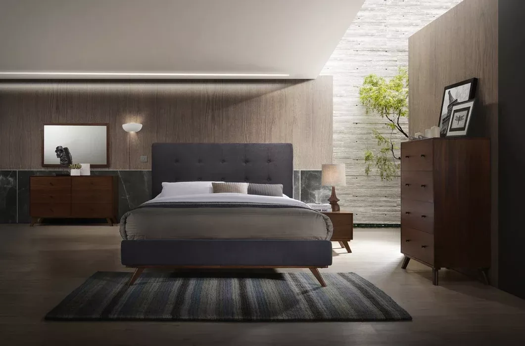 Addison Mid-Century Modern Grey Fabric & Walnut Bed