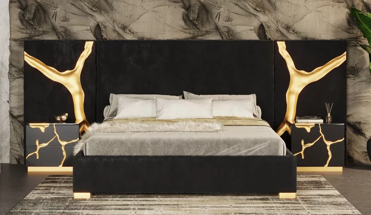 Aspen - Modern Black + Gold 4-Piece Bedroom Set