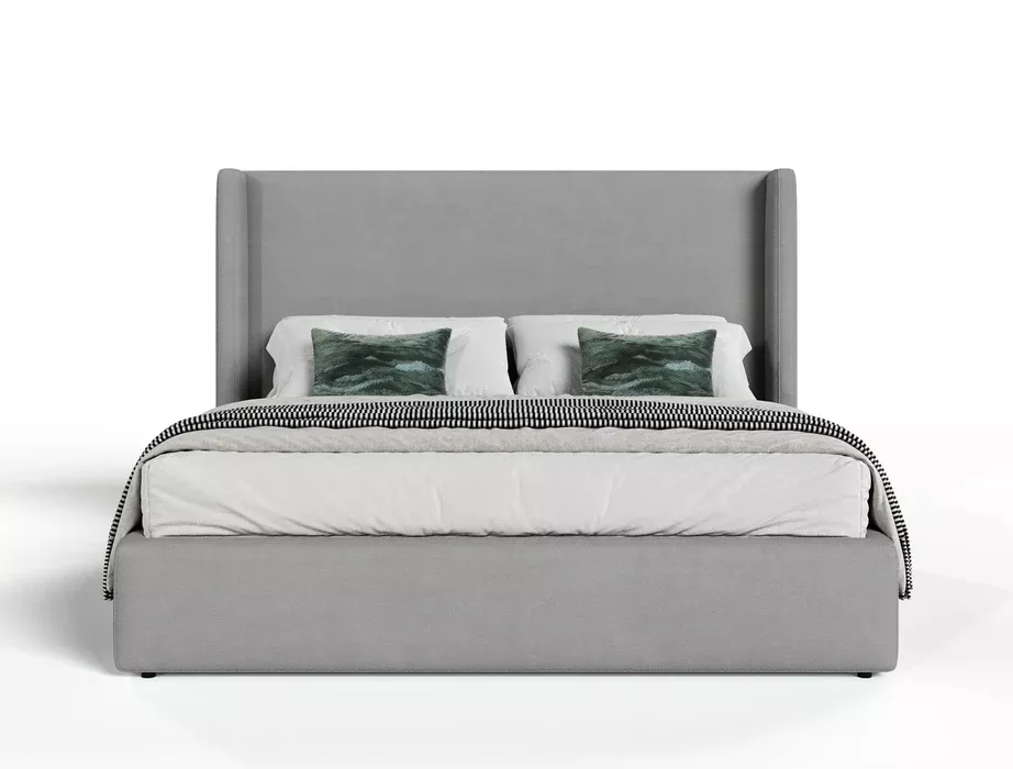Byrne + Asus - Modern Grey Fabric + Elm Grey Bed & 2 Nightstands