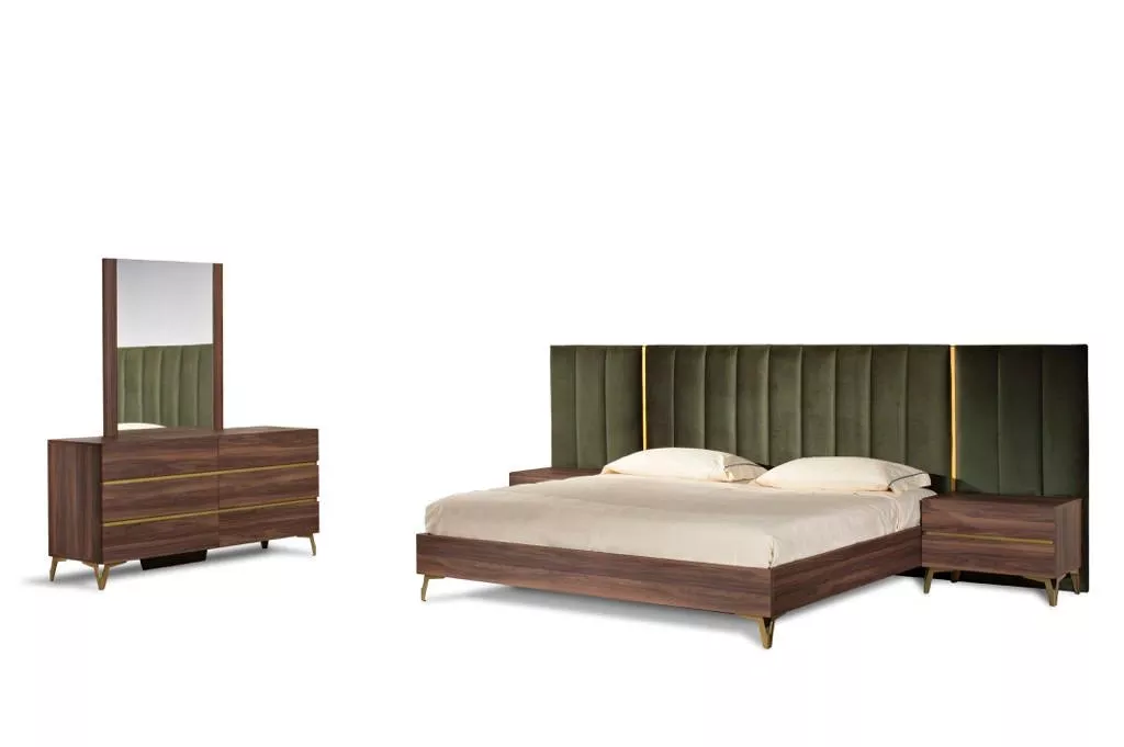 Calabria Modern Walnut & Green Velvet Bedroom Set