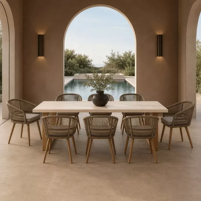 Cascais - Outdoor Grey + Faux Travertine + Eucalyptus Dining Table