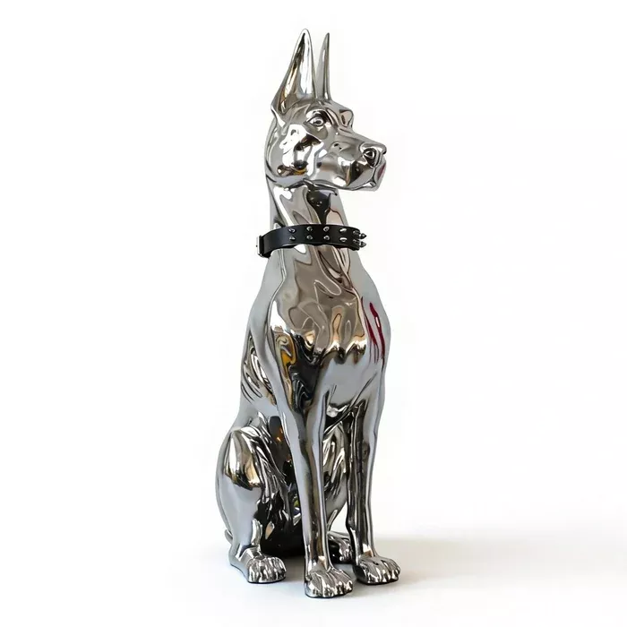 Doberman Dog - Silver Fiberglass Sculpture