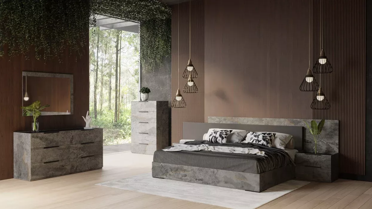 Ferrara - Modern Volcano Oxide Grey Bed with Nightstands