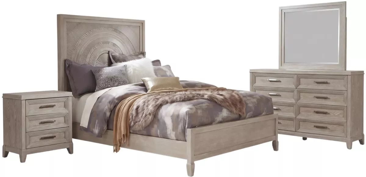 Liberty Furniture Belmar 4-Piece Silver Champagne/Washed Taupe King Panel Bedroom Set