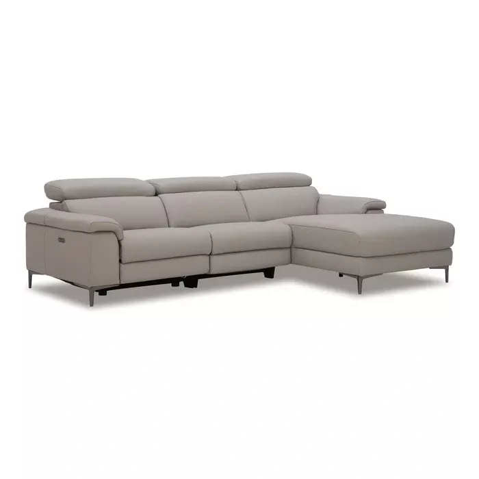 Meidas - Modern Light Grey Leather Sectional Sofa + 2 Recliners - Right Facing Chaise