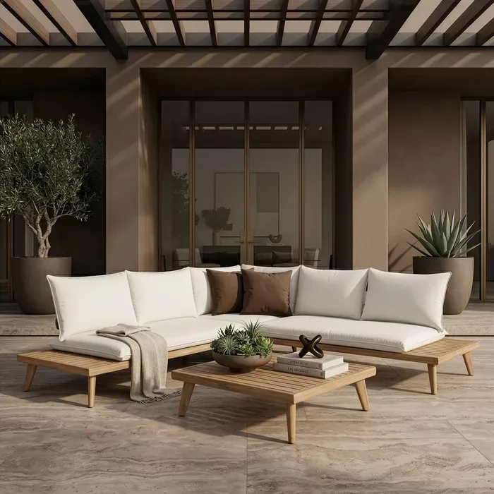 Tavira - Outdoor Off-White Fabric + Eucalyptus Sectional Sofa + Coffee Table Set