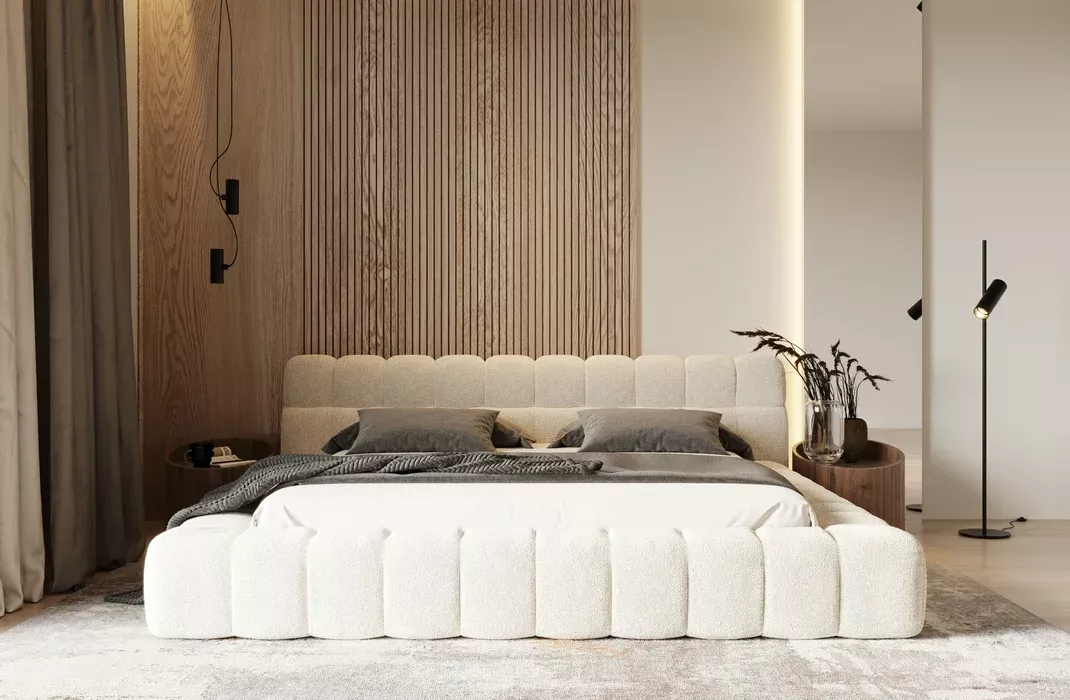 Tyree - Modern Tufted Off-White Fabric Bed